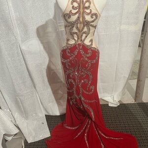 JOVANI red long prom dress beautiful beading peekaboo sheer covered sides